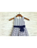 Cotton White Blue Stripes Wedding Flower Girl Dress